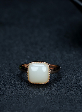 s925银镶嵌新疆和田玉白玉方糖形戒指简约时尚女指环戒圈饰品