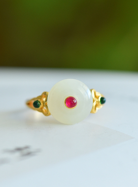 s925银镶嵌新疆和田玉白玉平安扣戒指简约时尚女指环戒圈饰品