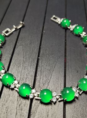 天然冰彩帝王绿玉髓镶嵌十三颗蛋面女款翠绿色手链手饰品一条