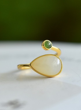 s925银镶嵌和田玉白玉水滴玉石戒指简约时尚百搭指环戒圈饰品