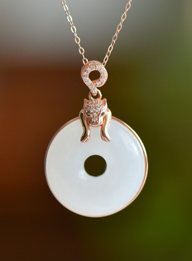 S925银和田玉白玉豹子头平安扣玉石吊坠挂件时尚女士气质玉坠项链