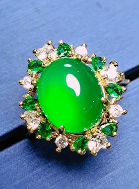 天然高冰彩帝王绿玉髓豪华镶嵌玛瑙戒指简约时尚指环戒圈百搭饰品