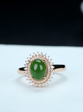 s925银镶嵌新疆和田玉碧玉蛋形戒指简约时尚女款指环戒圈饰品