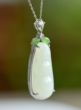 S925银和田玉羊脂白玉福豆玉石吊坠挂件时尚气质女款玉坠项链