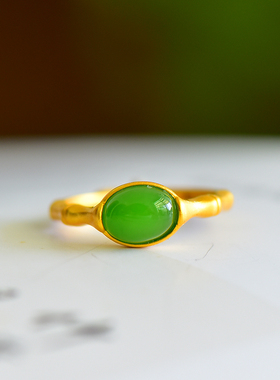 s925银镶嵌新疆和田玉碧玉竹节玉石戒指简约时尚指环戒圈饰品