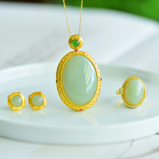 s925银镶嵌新疆和田玉且末蓝蛋面玉石吊坠戒指耳钉简约三件套