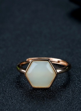 s925银镶嵌新疆和田玉白玉六角形戒指简约时尚女指环戒圈饰品