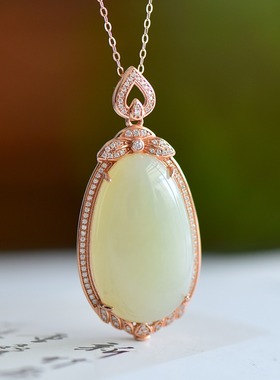 S925银镶嵌和田玉白玉蛋形玉石吊坠挂件时尚气质女款玉坠项链