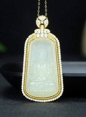S925银和田玉羊脂白玉观音牌玉石吊坠挂件时尚气质女士款项链