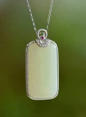 S925银和田玉白玉平安无事牌玉石吊坠挂件时尚气质男女款玉坠