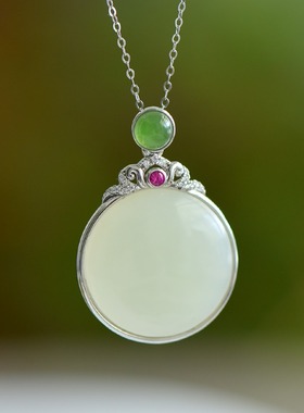 S925银和田玉羊脂白玉圆形玉石吊坠锁骨项链挂件时尚气质玉坠