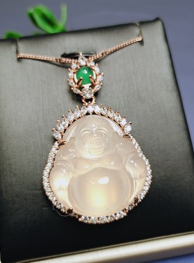 天然冰彩玉髓镶嵌高冰佛公弥勒笑佛吊坠挂件时尚女款玉坠项链