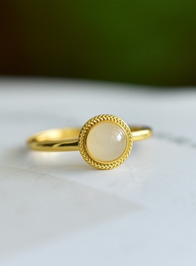 s925银镶嵌和田玉白玉半圆蛋面戒指简约时尚百搭指环戒圈饰品