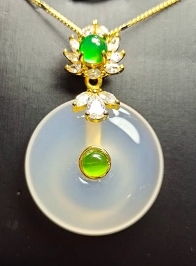 天然冰种玉髓镶嵌白冰平安扣项链吊坠挂件时尚女士款玛瑙玉坠项链