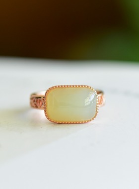 s925银镶嵌和田玉且末蓝方形戒指气质简约时尚百搭款活口指环