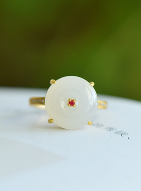 s925银镶嵌新疆和田玉白玉平安扣玉戒戒指简约时尚女指环饰品