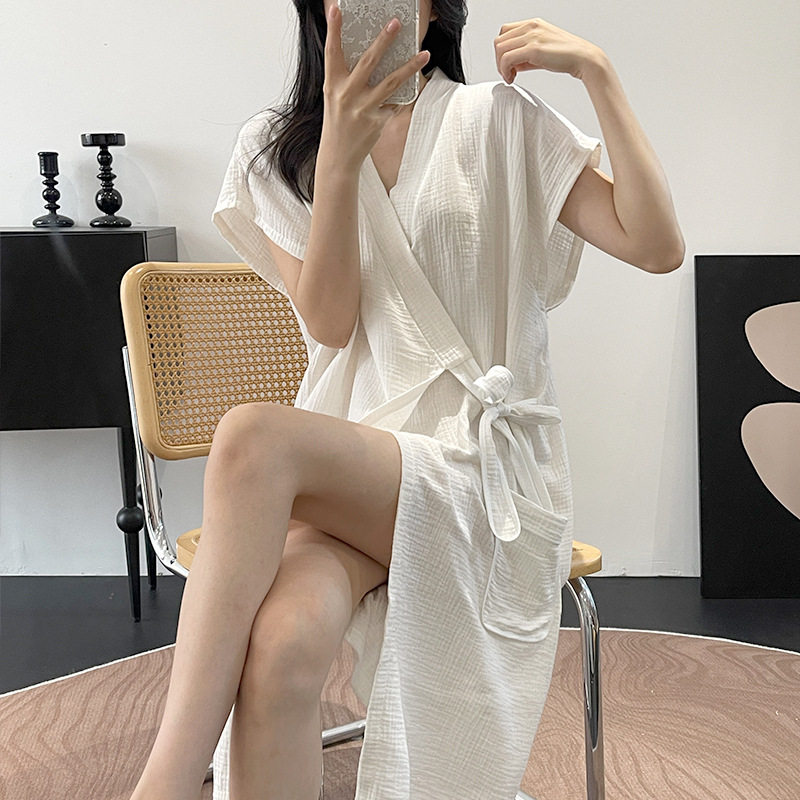 纯棉纱布双层薄款绑绳浴巾睡袍女夏季短袖浴袍宽松家居服洗澡巾