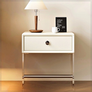 亚克力床头柜实木皮质纯白色卧室奶油风小型储物床边柜