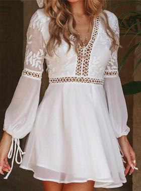 larga encaje recortado corto Mini vestido blanco vestido