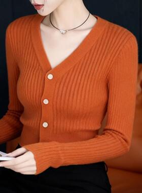 MONLOUVE轻熟绝美橙色v领长袖毛衣针织开衫女秋冬新款超好看百搭