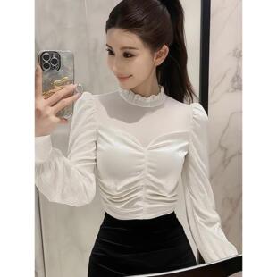 MONLOUVE轻奢风高级感白色立领长袖丝绒打底衫女秋冬新款百搭洋气