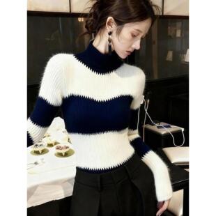 MONLOUVE休闲慵懒风黑白条纹半高领长袖毛衣针织衫女秋冬款小众不