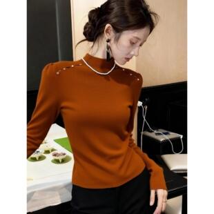 MONLOUVE覆古优雅风桔红色半高领长袖针织打底衫女秋季款洋气百搭