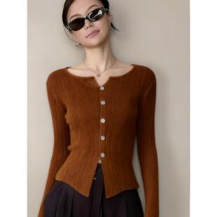 MONLOUVE优雅覆古风咖色v领长袖毛衣针织开衫女秋冬新款高级感超