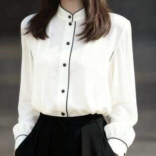 MONLOUVE时尚复古港风白色立领灯笼袖衬衫女秋季新款简约百搭宽松