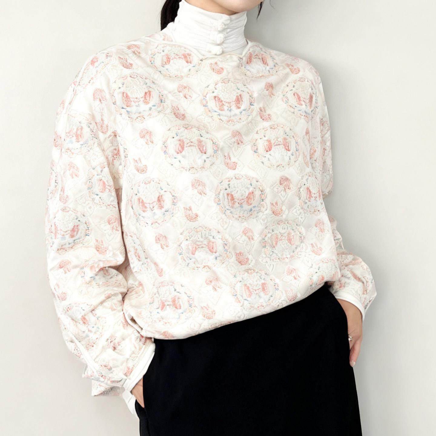MONLOUVE新中式优雅绝美印花高领长袖衬衫女秋季新款休闲减龄通勤
