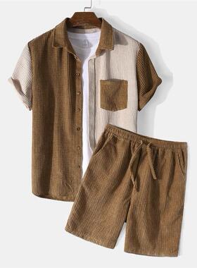 Men's casual loose stitched corduroy short sleeve suit Large
