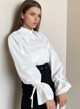 Office Lady White Women Blouse Lace Up Shirt Female Loose