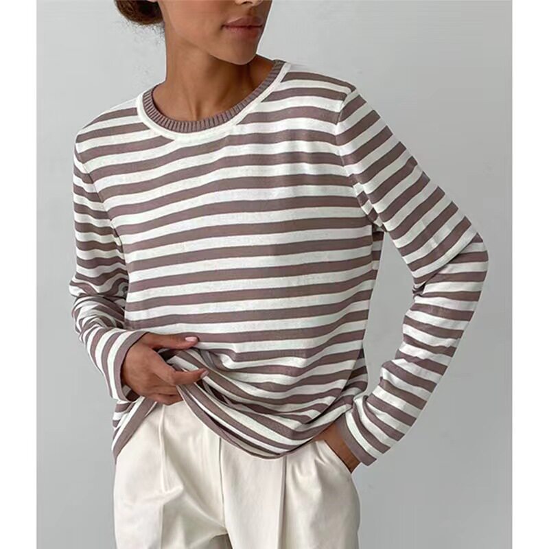 欧美风秋冬新款女装时尚宽条纹圆领休闲针织毛衣 striped sweater