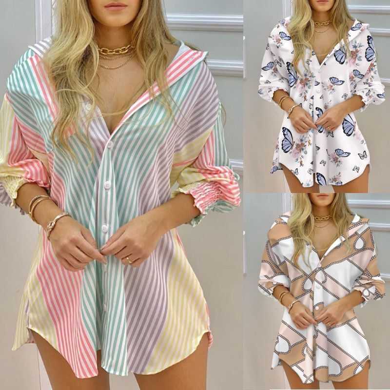 Colorful Striped Buttoned Shirt Dress彩色条纹衬衫连衣裙女