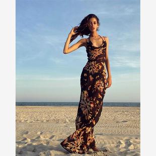 Women Cowl Print Maxi Beac Strap Dress Spaghetti Floral Neck