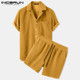 Shirts Corduroy 2XL Sleeve Men Short Button Sets Lapel