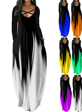 2021欧美WISH秋冬新款女装宽松长袖口袋印花拼色胖MM大码连衣长裙