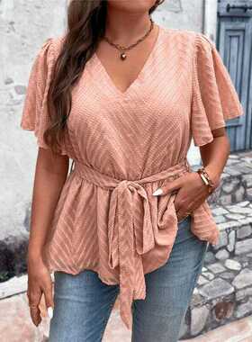 Summer Plus Size Women Loose-Fit V-Neck Top 大码气质V领上衣