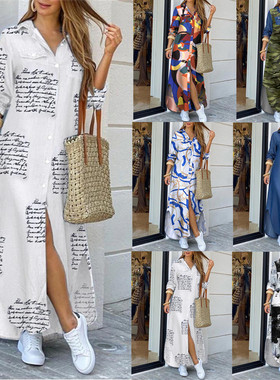 2020亚马逊ebay新款欧美时尚印花大码女士衬衫宽松连衣裙长裙