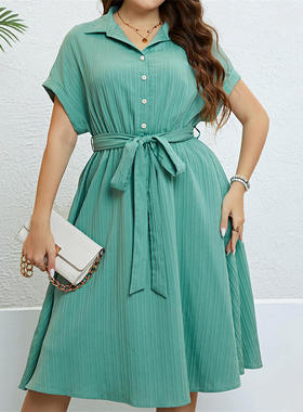 2024 Plus Size Women Dress L-4XL绿色半开衫绑带收腰大码连衣裙