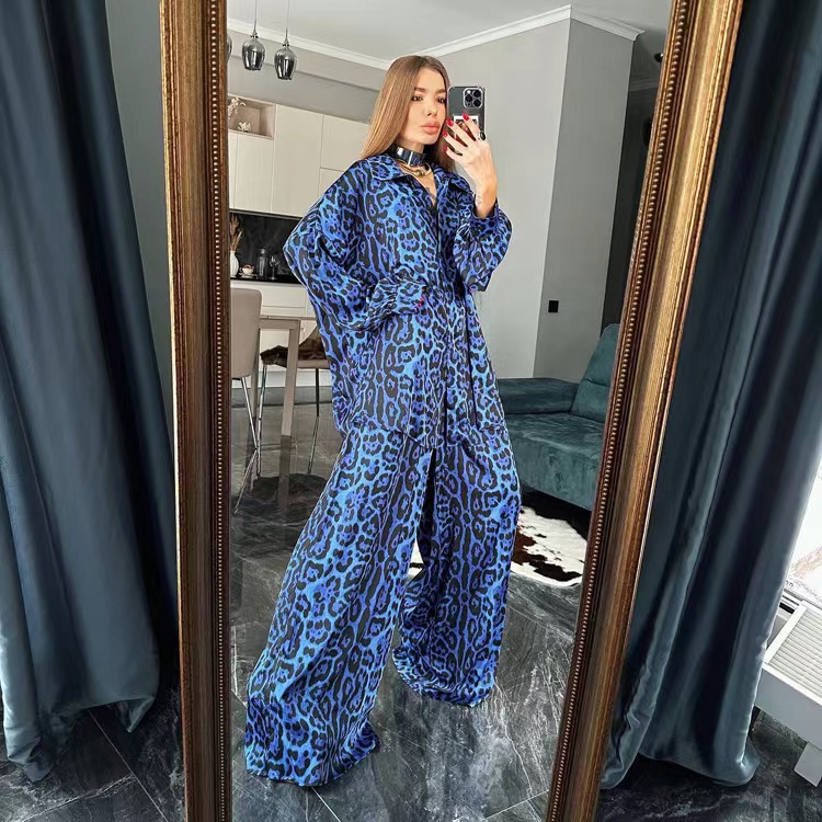 欧美风豹纹印花宽松上衣裤子套装Printed leopard top pants suit