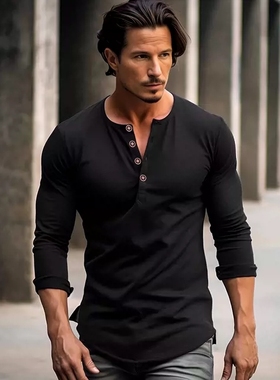 Men's Henley Collar Long Sleeved T-shirts Solid Casual Top