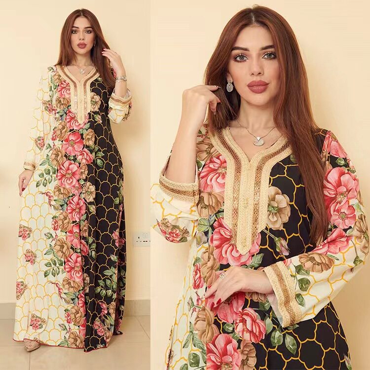 新款民族风花边烫钻宽松定位印花连衣裙 Printed hot drill dress