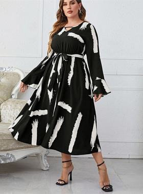 Plus size flared sleeves black loose Long skirt women dress