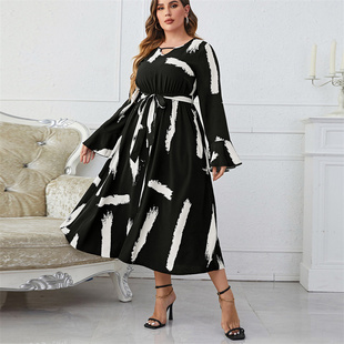 Plus size flared sleeves black loose Long skirt women dress