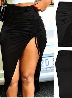 Sexy slanting split fold drawstring hip hemline women skirt