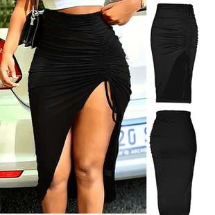 Sexy slanting split fold drawstring hip hemline women skirt