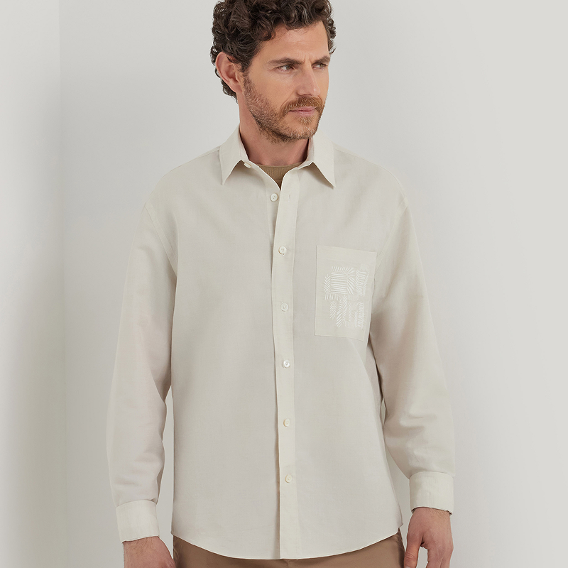 CANALI康纳利米色亚麻棉质混纺刺绣男士休闲衬衫