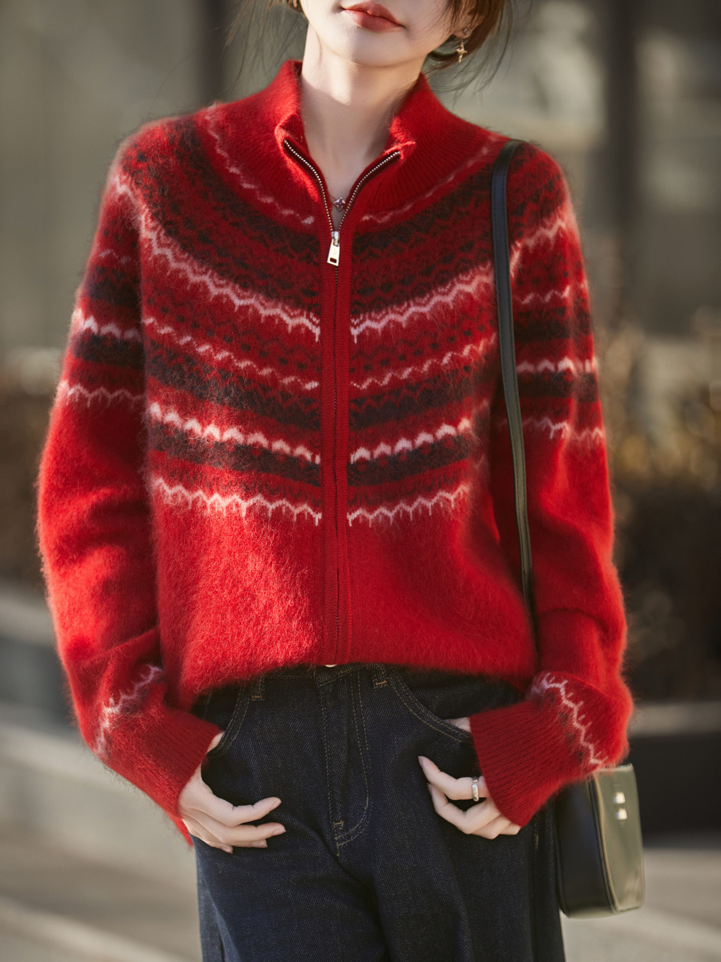 鄂尔多斯市100%纯山羊绒衫女半拉链加厚宽松慵懒风针织开衫毛衣