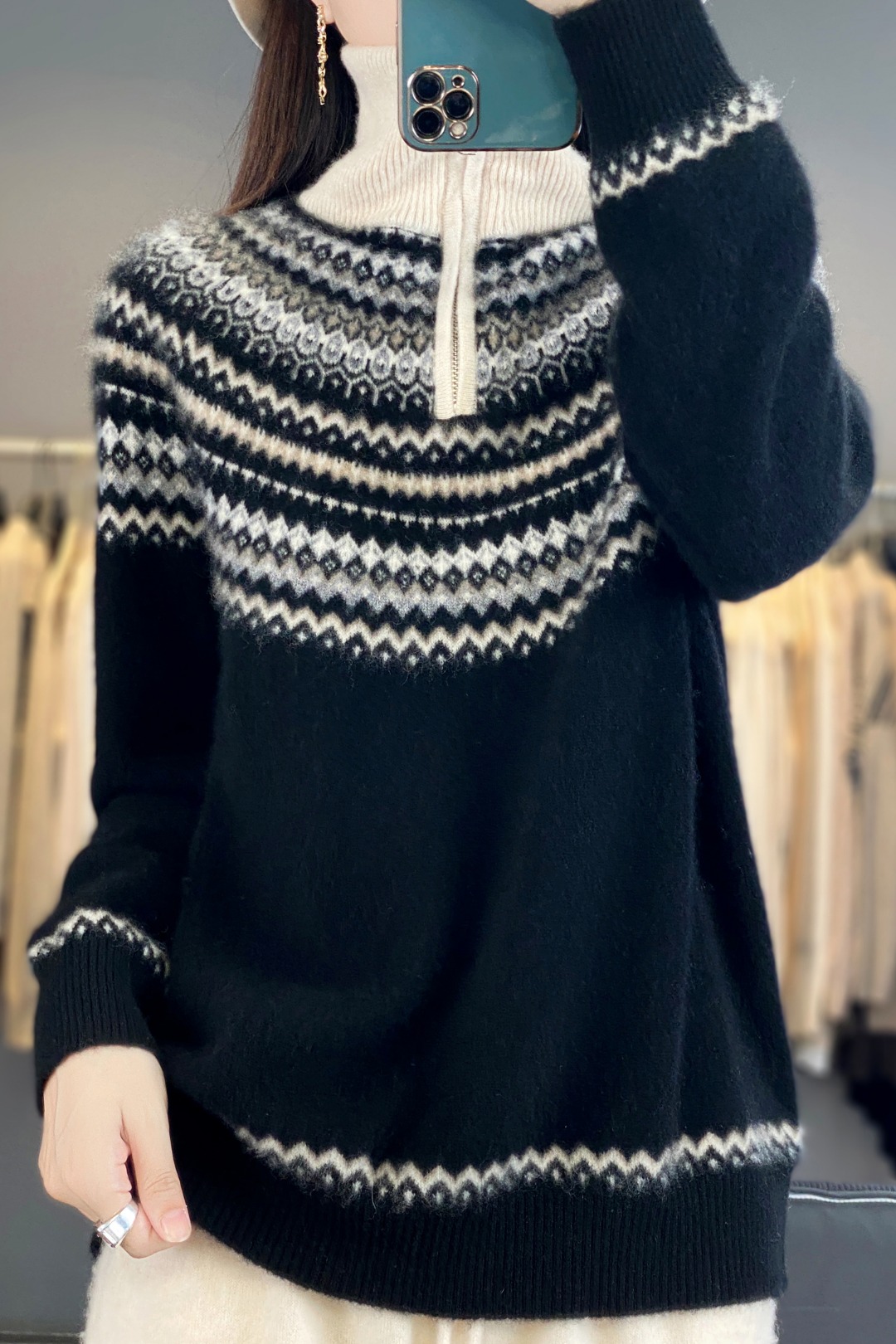 2025秋冬新款纯羊毛加厚费尔岛提花半拉链立领打底衫女慵懒羊绒衫